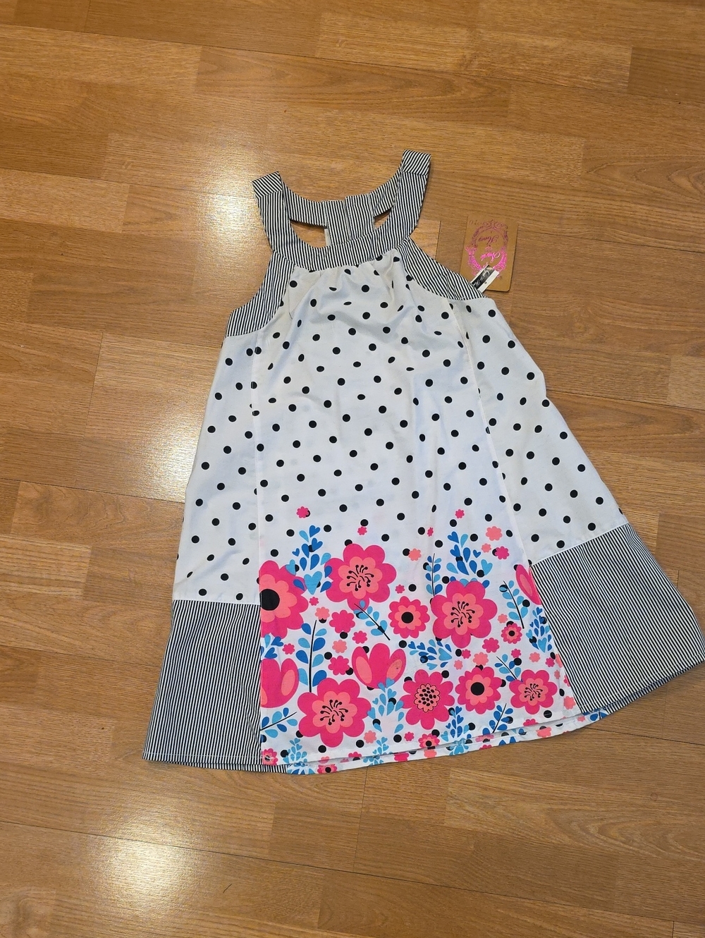 Girls Polka Dot & Floral Tank Dress - Pink Blue